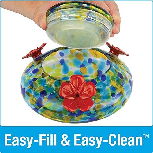 Nature’s Way Illuminated Top Glass Hummingbird Feeder, 16 oz – Solar LED Lighted Blown Glass Feeder with 3 Aluminum Flower Ports, Metal Perch Frame