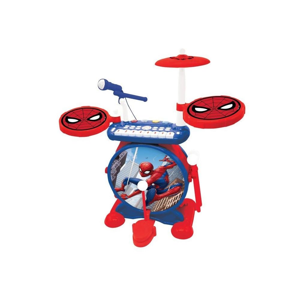 Lexibook, Spider-Man, Juego electrónico para niños, Juego Musical de Juguete, Sonido de batería Realista, Teclado de 8 Teclas, MP3 Plug, Asiento Incluido, Azul/Rojo, K610SP