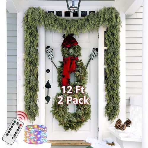 Cedar Christmas Garland with Lights for Mantle - 2 PACK Decorations 12ft Realistic Lighted Faux Pine Garlands for Xmas Home Decoration Indoor Stairs Railing Fireplace Outdoor Prelit Garland Door Decor by NUTIKAS - Used condition - US$25.42
