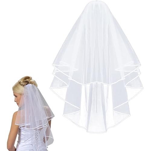 OBTANIM Bridal Veil White Double Ribbon Edge Wedding Veil with Comb for Wedding Bachelorette Party