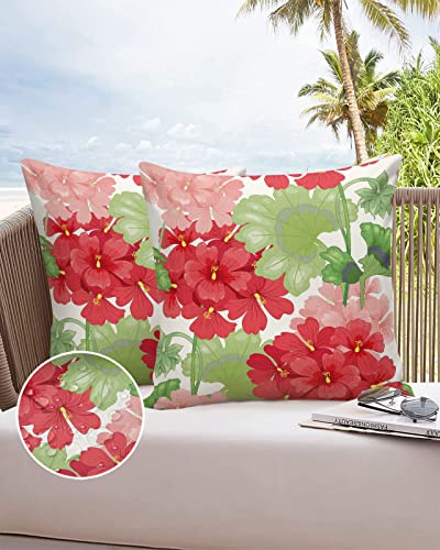 Outdoor Pillow Covers Waterproof, Cartoon Red Floral with Green Leaves Petal All Weather Cushion Case Set of 2, Flower Cluster White Backdrop Decorative Pillowcases for Sofa Patio Furniture 20