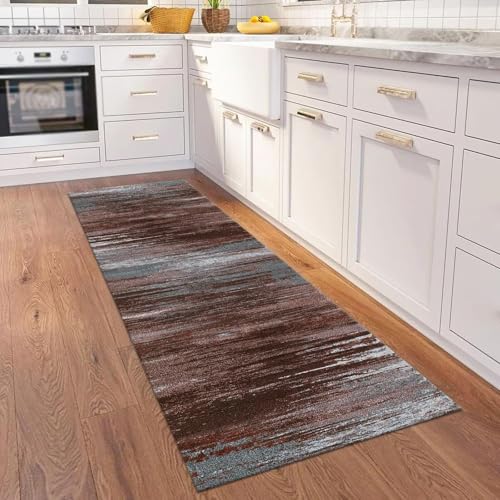 Tapis de couloir 80x350 cm marron et bleu au design abstrait moderne - 4