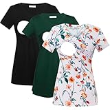 Bearsland Womens 3 Packs V Neck Nursing Tops Maternity Breastfeeding Tee Shirts,Black+deep Green+Fresh Floral,XXL