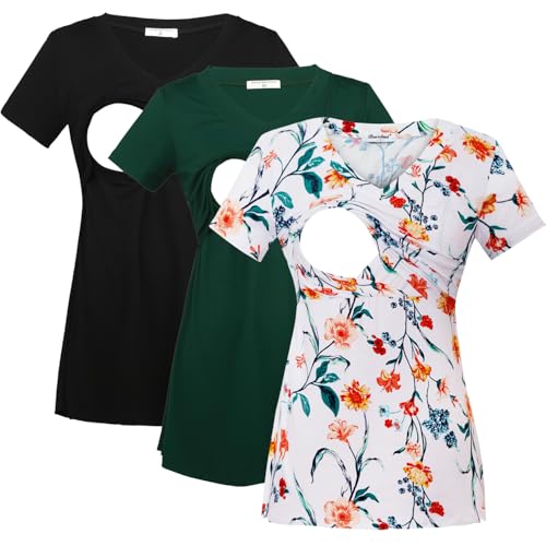 Bearsland Womens 3 Packs V Neck Nursing Tops Maternity Breastfeeding Tee Shirts,Black+deep Green+Fresh Floral,S