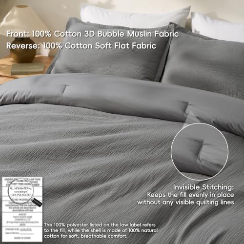 Image of David's Home Cotton Muslin Comforter Set Queen Size, 100% Cotton Cover Ultra-Soft Breathable Lightweight Skin-Friendly for Spring Summer, 3PCS Linen Like Gauze Bedding Set with Polyester Filling, Grey