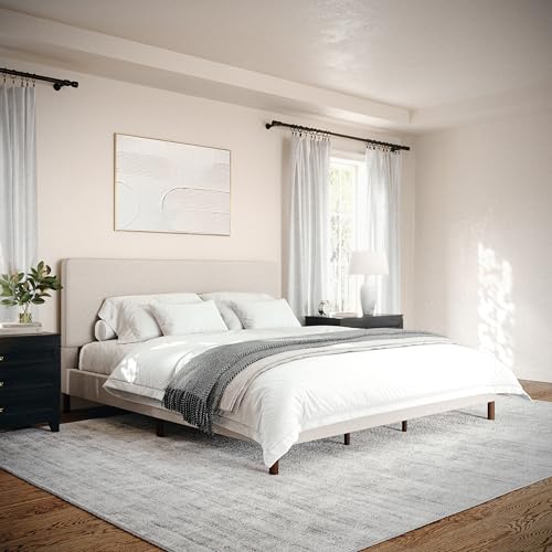 Image of Martha Stewart Britta Platform Bed with Headboard & Footboard, Faux Linen Upholstery with Piping Detail, Rounded Headboard, No Box Spring Needed, King, Beige