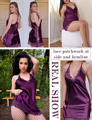 Avidlove Women Lingerie Satin Lace Chemise Nightgown Sexy Full Slips Sleepwear (Small, Dark Purple) #TOP4