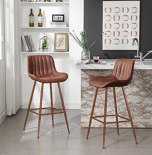 Image of Sidanli Velvet Bar Stools Set of 2, Armless Bar Chairs with Gold Metal Legs, 29inch Counter Height Kitchen Island Stools with Back, Brown