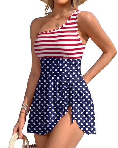 Image of Charmo One Shoulder One Piece Swimsuit Women Tummy Control Bathing Suit with Skirt Tie Knot Cute Scalloped Swimdress