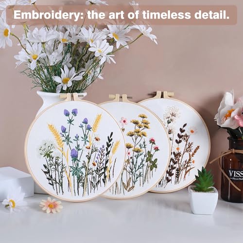 Image of RidaaFri Embroidery Kit for Beginners, Set of 3 Flower Pattern DIY Kits for Adults & Starter, Hand Embroidery Practice Kit with Step-by-Step Guide & Video Tutorial, Includes Hoop, Needles, Floss