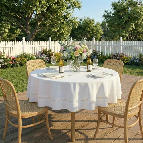 EHouseHome Heavy Duty Fabric Tablecloth with White Lace-Waterproof/Wrinkle Free/Stain Resistant/Oil Proof-for Dining,Indoor&Outdoor,Wedding,Holiday,White,Round 70Inch by EHouseHome - Used condition - Image 3