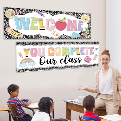 Harloon 2 Pcs Composition Notebook Classroom Decor 13.8 x 38.6 Inch Girl Style Banner Decorations Welcome Back to School Classroom Decor for School Wall Indoor Outdoor Bulletin Board Supplies - Image 4