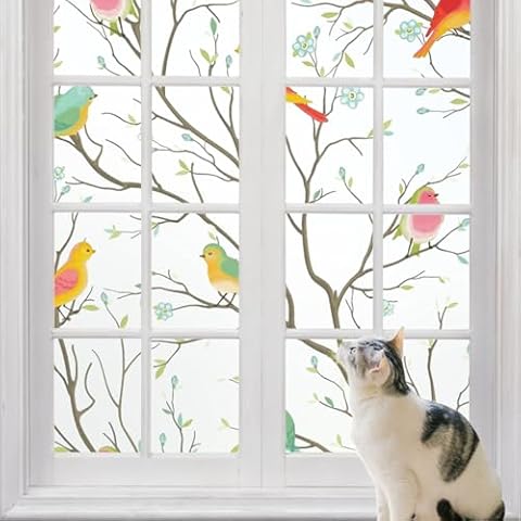 Bird Stained Glass Window Privacy Film Decorative Window Tinting Film Opaque Non-Adhesive Frosted Glass Window Clings Coverings Removable for Home Spring Window Stickers (White, 17.5'' x 78.7'') Cover