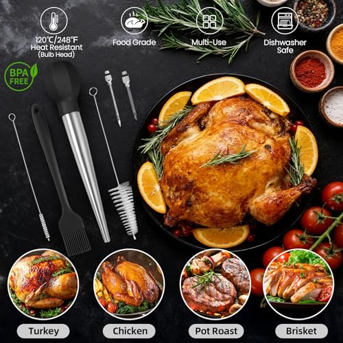SCHVUBENR Large Turkey Baster Set - Stainless Steel Baster Tool for Cooking - Includes Basting Brush, Cleaning Brush & Injector Needles - Heavy Duty Baster Syringe - Flavor Meat Poultry, Beef, Chicken
