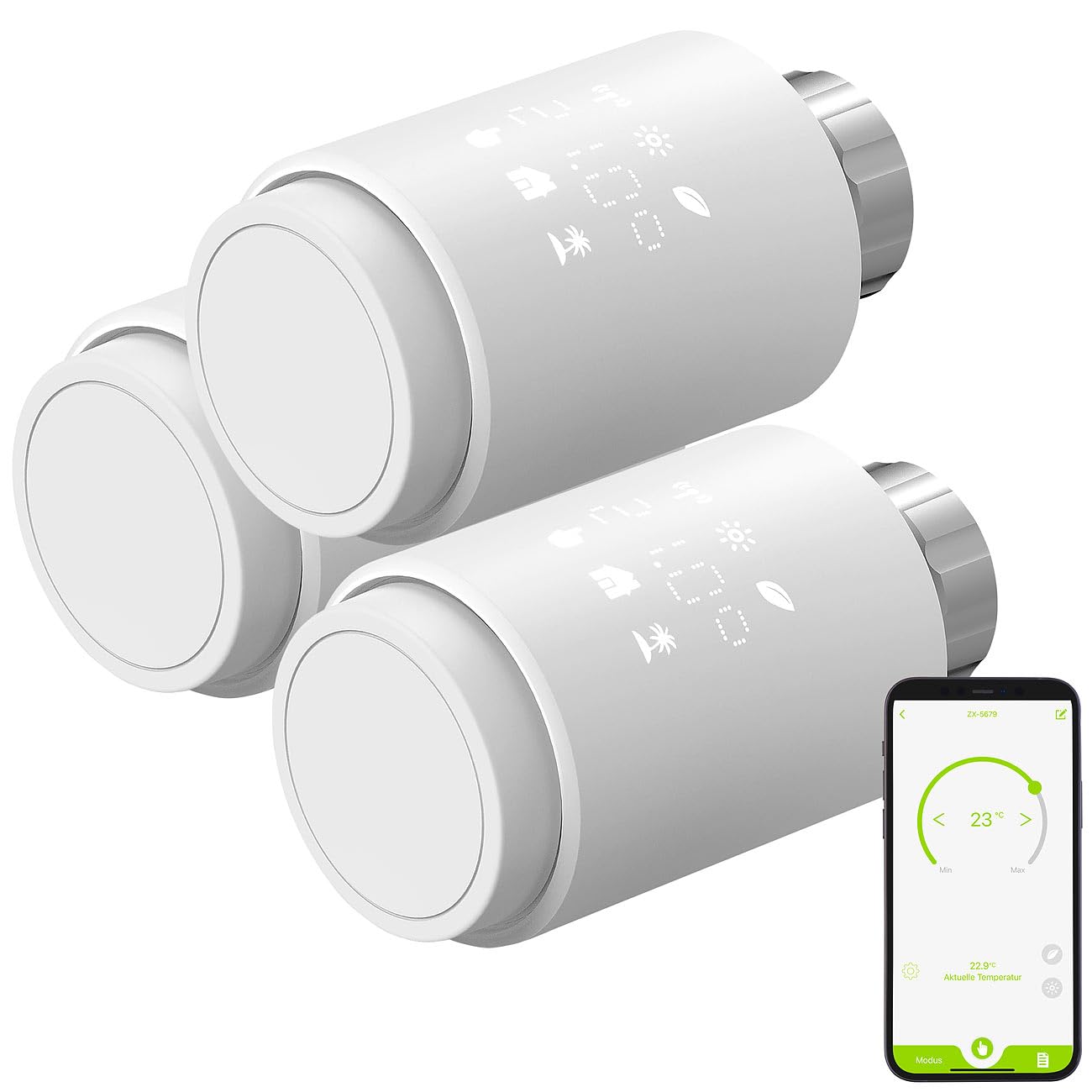 revolt Smart Thermostat: 3er-Set ZigBee-Heizkörperthermostate, weltweite App-Steuerung, Display (Heizung Thermostat ZigBee, Heizkörper App, Frost)