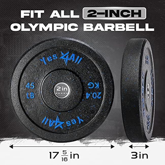 Yes4All 2 Bumper Plate, 10-190 LB Olympic Rubber Weight Plate with Steel Hub for WeightLifting, Strength Training, Home Gym, Less Impact, Absorb Bounce & Shock, Multiple Options