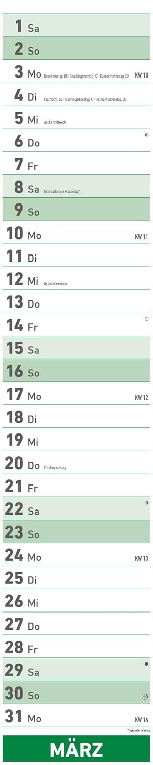 Alpha Edition - Super Planner 2025 Striped Calendar, 17 x 85 cm, Kitchen Calendar with a Large Column for Appointments, Plenty of Space for Note Options, Moon Phases and German Calendar      Calendar – Wall Calendar, May 1, 2024