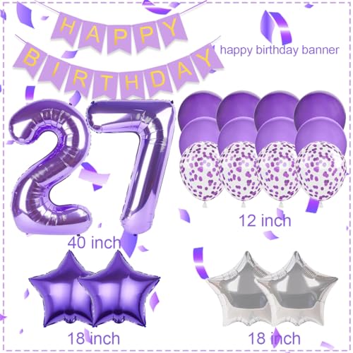Happy 27th Birthday Decorations For Women, Purple Happy Birthday Banner, Purple 27 Balloon Numbers 40 Inch, 27th Birthday Balloons For Purple Birthday Decorations by Pasiihol - Used condition - Image 2