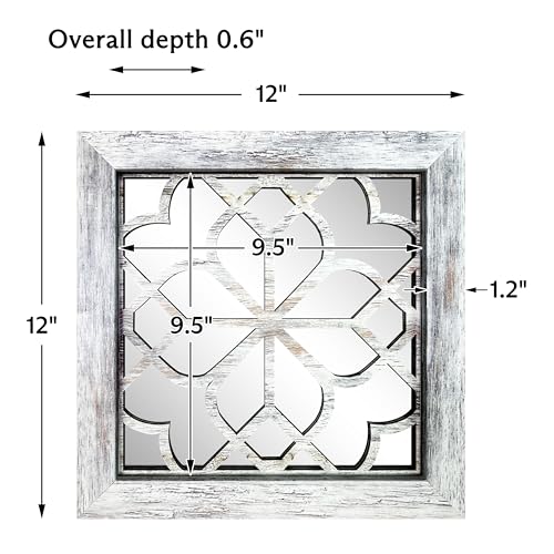 HMANGE Set of 4 Boho Wall Mirrors with Carved Floral Design, 12x12 Inch Rustic Farmhouse Accent Mirrors, Vintage Style Shatterproof Square Mirror Decor for Living Room, Bedroom(Grey) by HMANGE - Used condition - Image 4