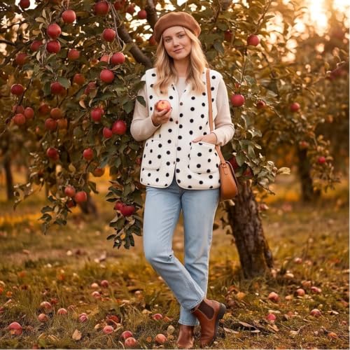Womens Sherpa Polka Dot Vest Sleeveless Plus Size Fleece Jacket White | Sherpa Lined, V Neck, Polka Dot, Lightweight, Sleeveless, Button Up, Fuzzy, Coats, for Rodeo — view 2