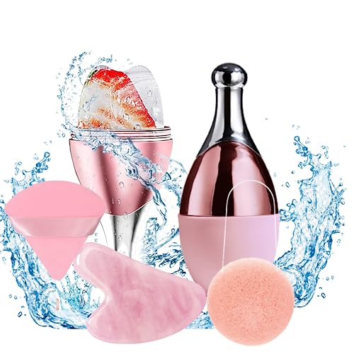 Pack Of 4 Containing 1 Ice Face Roller With 1 Powder Puff,1 Gausha And 1 Konjac Sponge, Spray Ice Roller For Dark Circle Remover, Ice Roller For Face, Face Ice Roller, Face Roller To Remove Puffiness. #TOP30