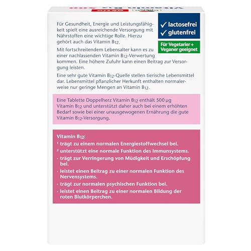 Doppelherz Vitamin B12 500 - Hochdosiert mit 500 µg Vitamin B12 pro Tablette - vegan - 120 Mini-Tabletten