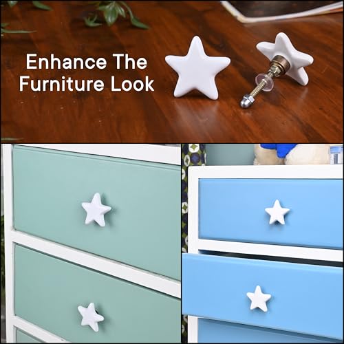 Image of IndianShelf 2 Pieces White Star Ceramic Luxury Drawer Knobs for Kitchen Cabinet Hardware Kids Wardrobe Door Pulls Decorative Dresser Elegant knobs for Kids Room