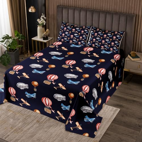 Erosebridal Watercolor Aircraft Bedspread King Size Flying Airplane Quilt Set, Red Hot-Air Balloon Coverlet Set Blue Brown Plane Bedding Set, Kids Boys Girls Cartoon Bed Cover