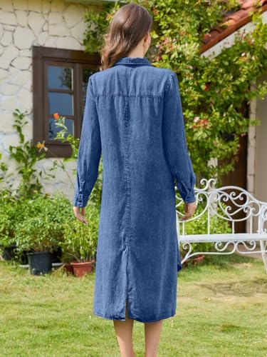 OVRUNS Women Denim Shirt Dress Long Sleeve Roll-Tab Cuffs Lapel High-Low Hem Midi Length Button Down Jean Dress with Pockets3