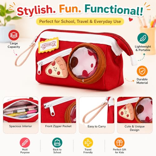 Image of Cheese Pizza Red Pencil Pouch for Girls & Boys, Large Capacity Zipper Pencil Case with Transparent Display Window & Front Pocket, Cute Food Theme Stationery Bag