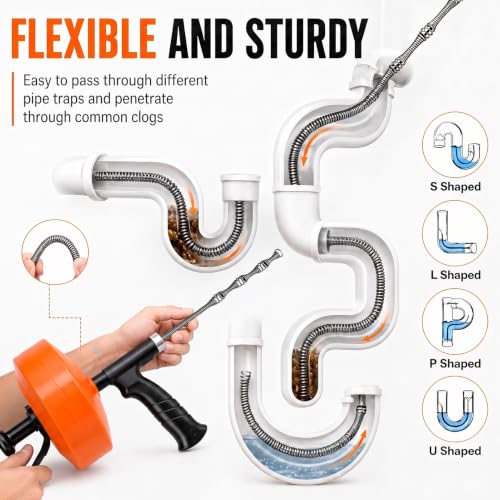 Image of Drain Snake 50-Foot, Manual or Drill Powered Drain Auger | Heavy Duty Flexible Plumbing Snake for Clog Removal in Kitchen, Shower, Sink, Toilet and Bathtub, with Gloves and Storage Bag