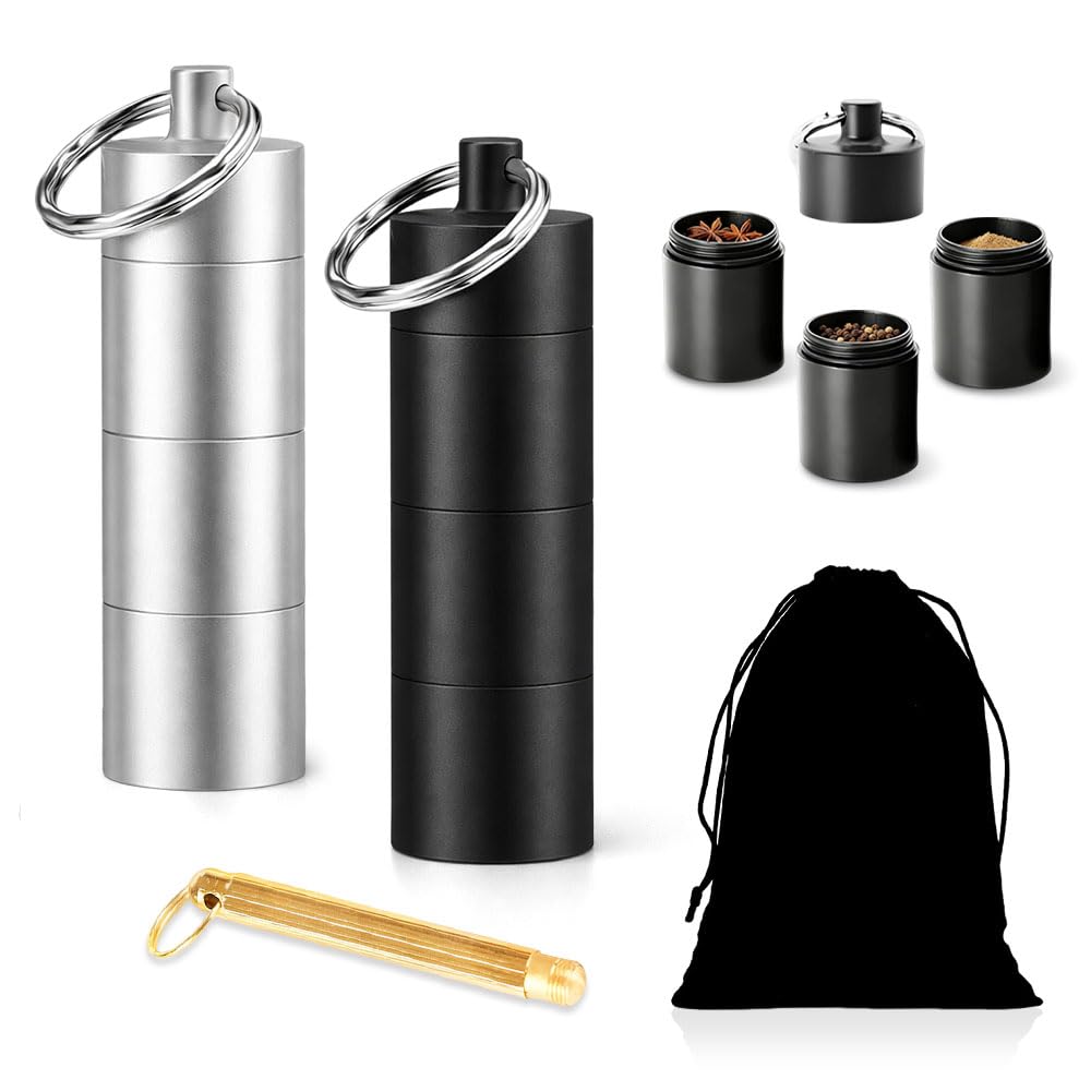 Lot de 2 Mini Pot à épices Avec Sac à Cordon et Cuillère,Boite a Epice Camping,SZMK Pot Epice Voyage Portable,Mini Salière Aluminium,Flacon Epices Cuisine,Petit Bocal à épices pour BBQ, Pique-Nique