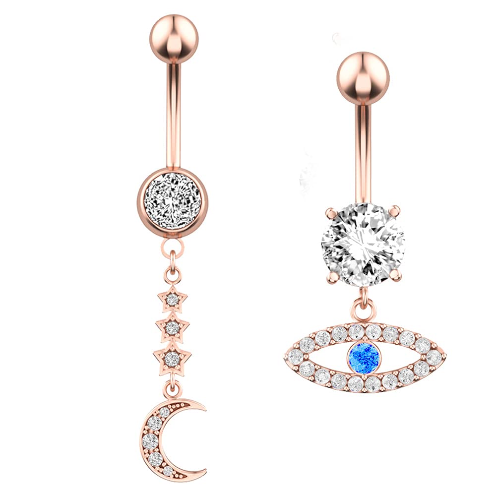JemantMoon Evil Eye Belly Button Ring Dangle For Women Crystal Rose Gold Silver Stainless Steel Cute Dainty Goth Crescent Moon Belly Button Ring Evil Eye Dangle Set Jewelry