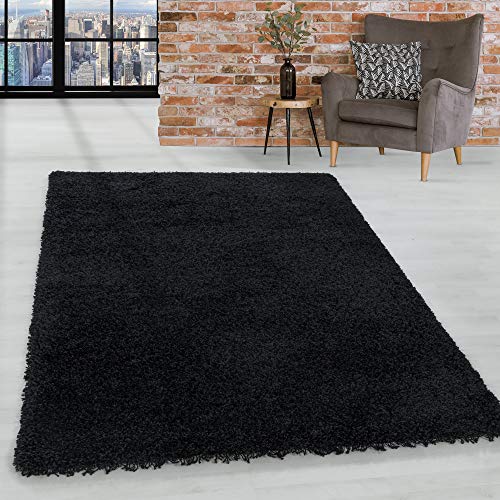 HomebyHome Shaggy Tapis de salon, 140 x 200 cm, à poils longs, noir, extra doux et moelleux, pour chambre à coucher, cuisine, couloir, carpet, halı, kilim