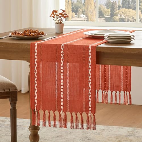 YZJZEDS Hemstitched Farmhouse Fall Table Runner, Orange 13x90 Inch, Cotton Linen Table Runners 90 Inches Long, Embroidered Striped Burnt Orange Boho Table Runner Fall Decoration for Home