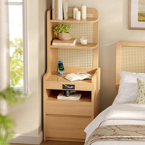 Sikaic Tall Night Stand with Bookshelf and Drawers Rattan Nightstand with Charging Station and Open Shelf Adjustable 90 Corner Bedside Table Modern End Side Table for Bedroom Natural Wood