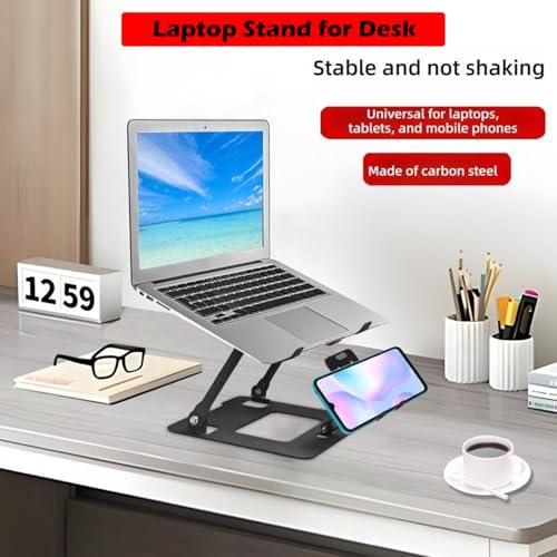 Image of Adjustable Laptop Stand with Mobile Holder, Ergonomic Foldable Metal Laptop Riser Desk, Ventilated & Sturdy Compatible for 15.6 Inch Laptops, MacBook, HP, Dell, Acer, Lenovo, Notebook Stand