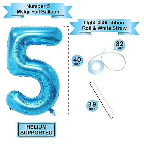 Image of Blue 40 Inch Number 5 Balloon, Mylar Foil Balloon for Birthdays, Anniversaries, Graduation, Party Decoration