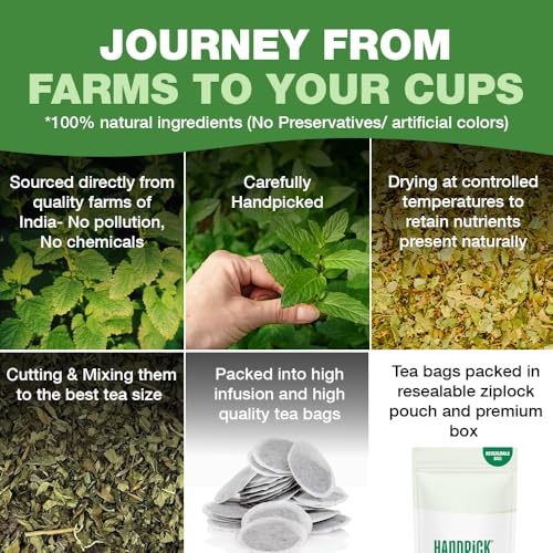Image of HANDPICK Lemon Balm Tea Bags - 100 Count | 100% Pure & Naturally Dried | Caffeine-Free Herbal Tea with Citrus Flavor & Aroma | Premium Lemon Balm Leaf (Pack of 2)