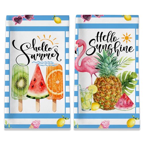 Unibyby Summer Kitchen Towels Hello Sunshine Dish Towels Set of 2 Cute Ice Cream Pineapple Hand Towel Seasonal Blue and White Stripes Tropical Housewarming Gifts Decor for Home Women 18x26 Inches