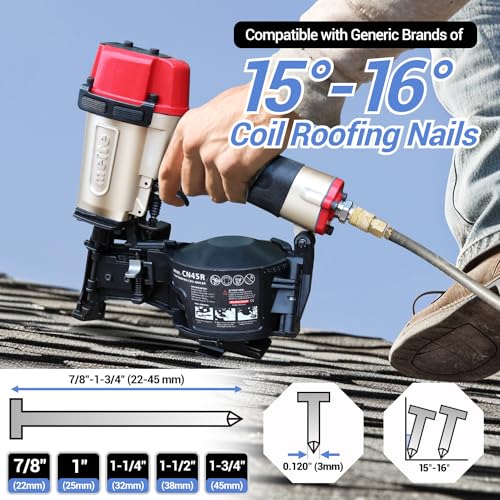 Image of meite CN45R Roofing Nailer, Drives 15 Degree 7 /8 inch to 1-3 /4 inch Coil Roof Nails