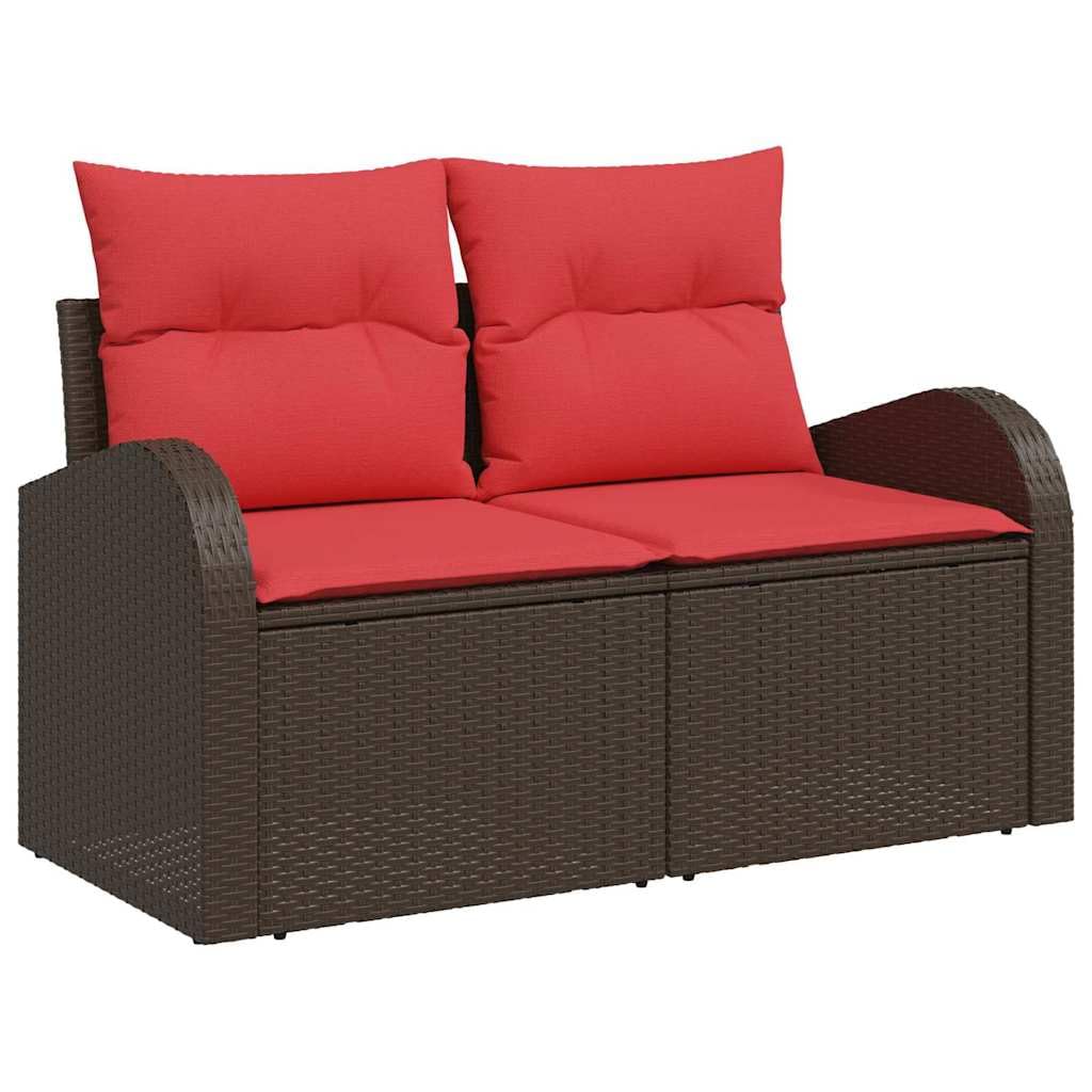 Set di divani da giardino, 6 pezzi, 5 posti, in polyrattan | Salotto modulare con vano portaoggetti integrato e cuscini rossi per giardino e terrazza.