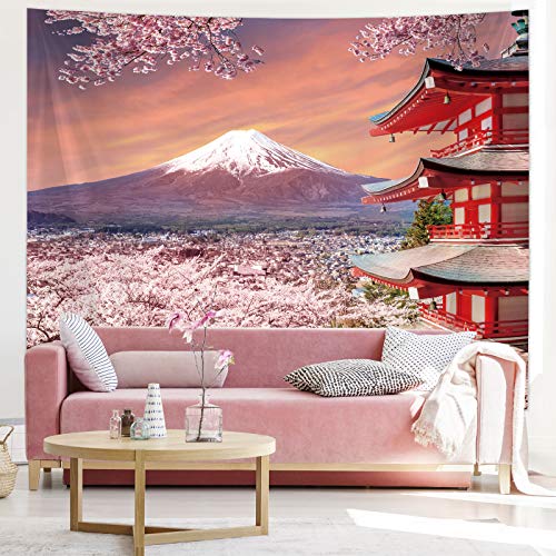 Japanische Wandbehang Wandteppich Asiatische Fuji Berg Tapisserie Japan Pagode Wanddekoration mit Kirschblüten Kunst Natur für Wohnzimmer Schlafzimmer Wanddekoration (59,1 x 51,2 Zoll)