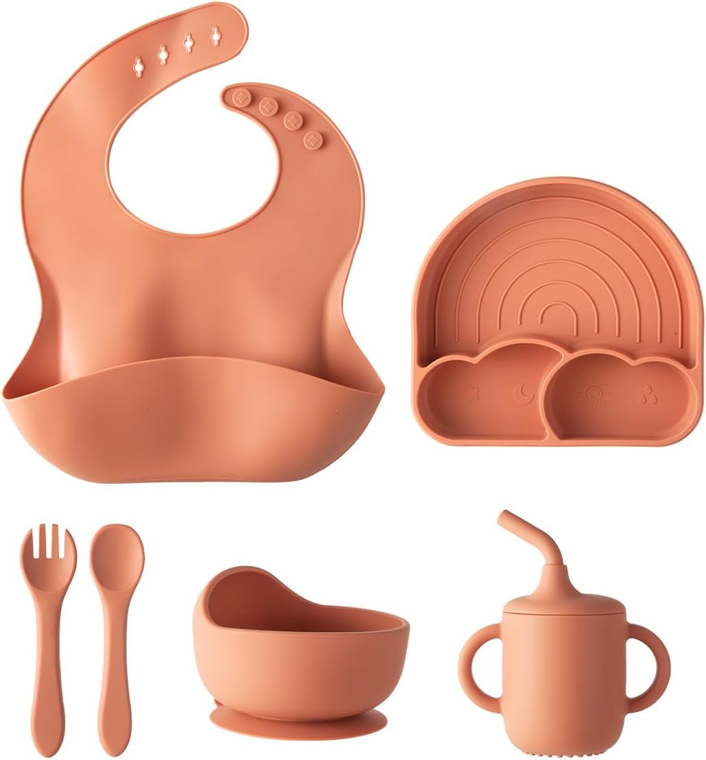 6 Pieces Silicone Baby Feeding Set，Baby Led Weaning Supplies，Utensils Food Grade Non-Bpa Strong Suction 3 Divided（Rainbow Suction Plate+Spoon+Fork+Bowl+Water Cup+Bib） (Brick red)
