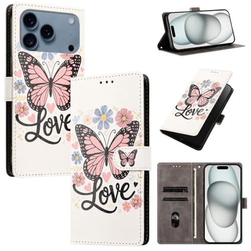 Étui iPhone 16 Plus à rabat magnétique avec motif papillon rose en cuir