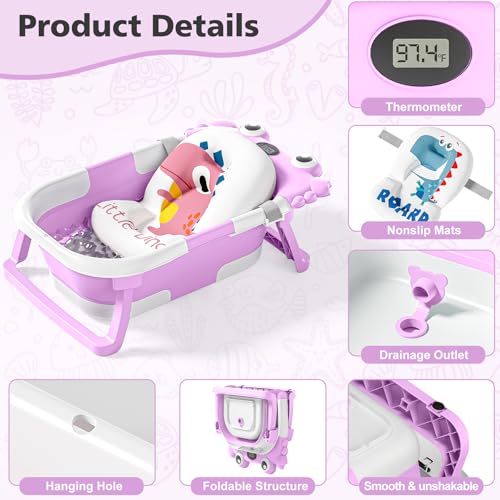 Image of Collapsible Baby Bathtub for Newborns with Thermometer and Soft Floating Cushion Portable and Foldable Travel Baby Bath Tub for Infants to Toddler 0-36 Month (Purple)