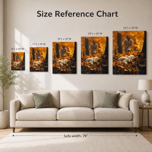 Image of Jesus and Lamb Canvas Wall Art Jesus Runs for the Lost Sheep In Autumn Forest Picture Wall Art Canvas Print Christian Home Decor 8x10 inch