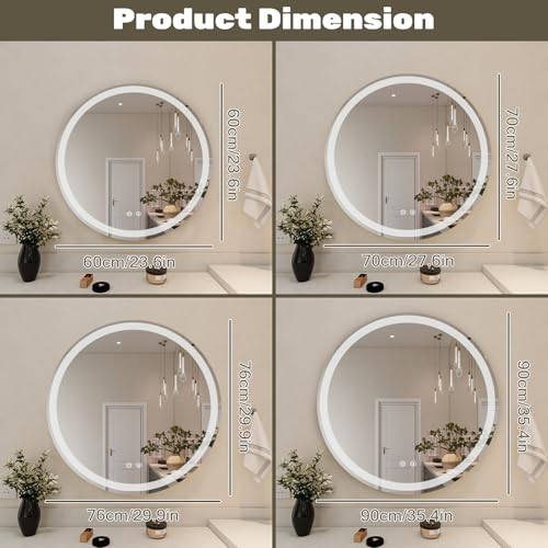 Image of Simple Deluxe Round LED Bathroom Mirror with Lights, Smart Anti-Fog LED Bathroom Mirror with Circular Dual Lights and 3-Color Temperature Memory dimming (24inch)