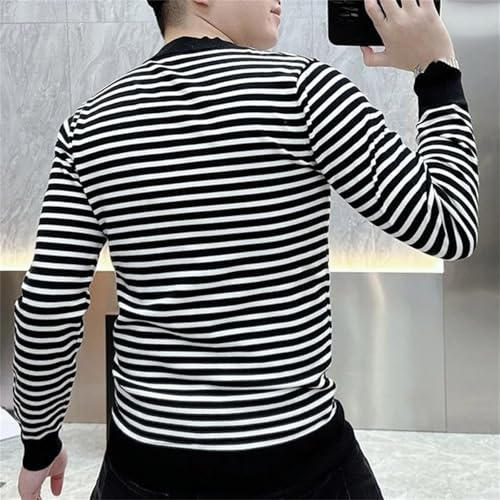 Men Korean Fashion Striped Embroidery Long Sleeve O Neck Slim Basic Pullover3
