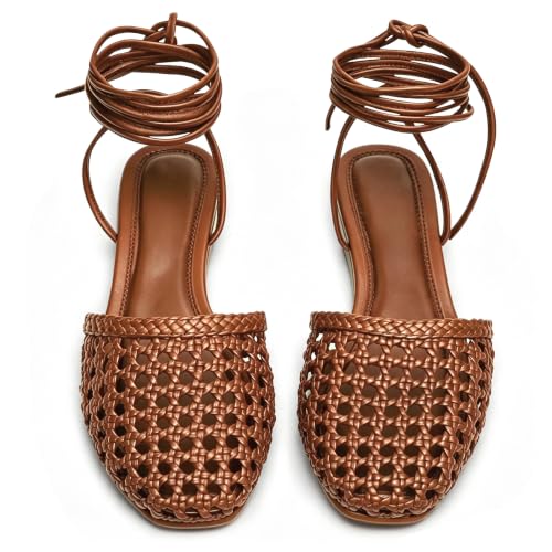 Image of Woven Ballet Flats for Women Lace Up Closed Square Toe Summer Sandals Dressy Shoes